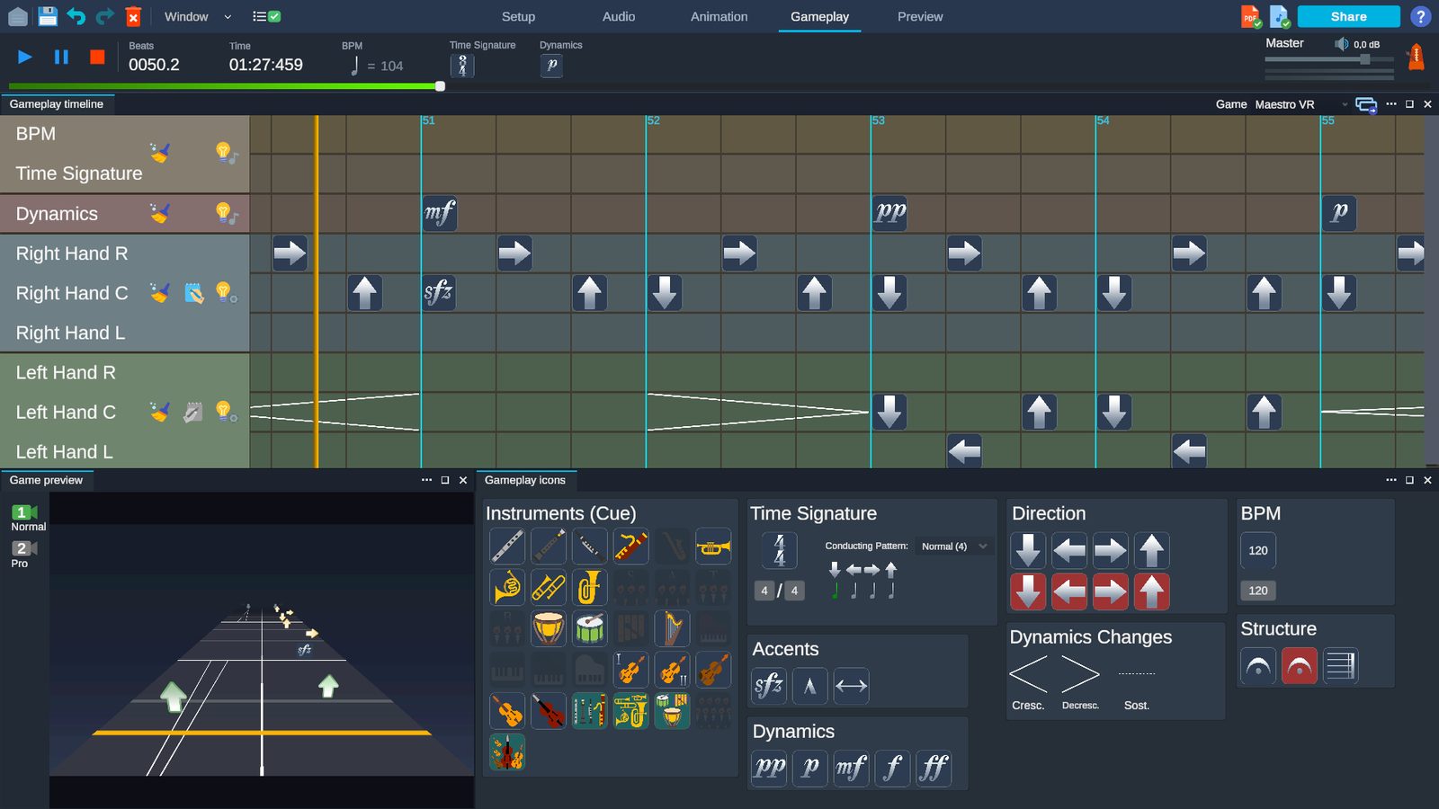 Strzałki dyrygenckie Smart Tempo, dynamika i wejścia w Maestro Level Editor