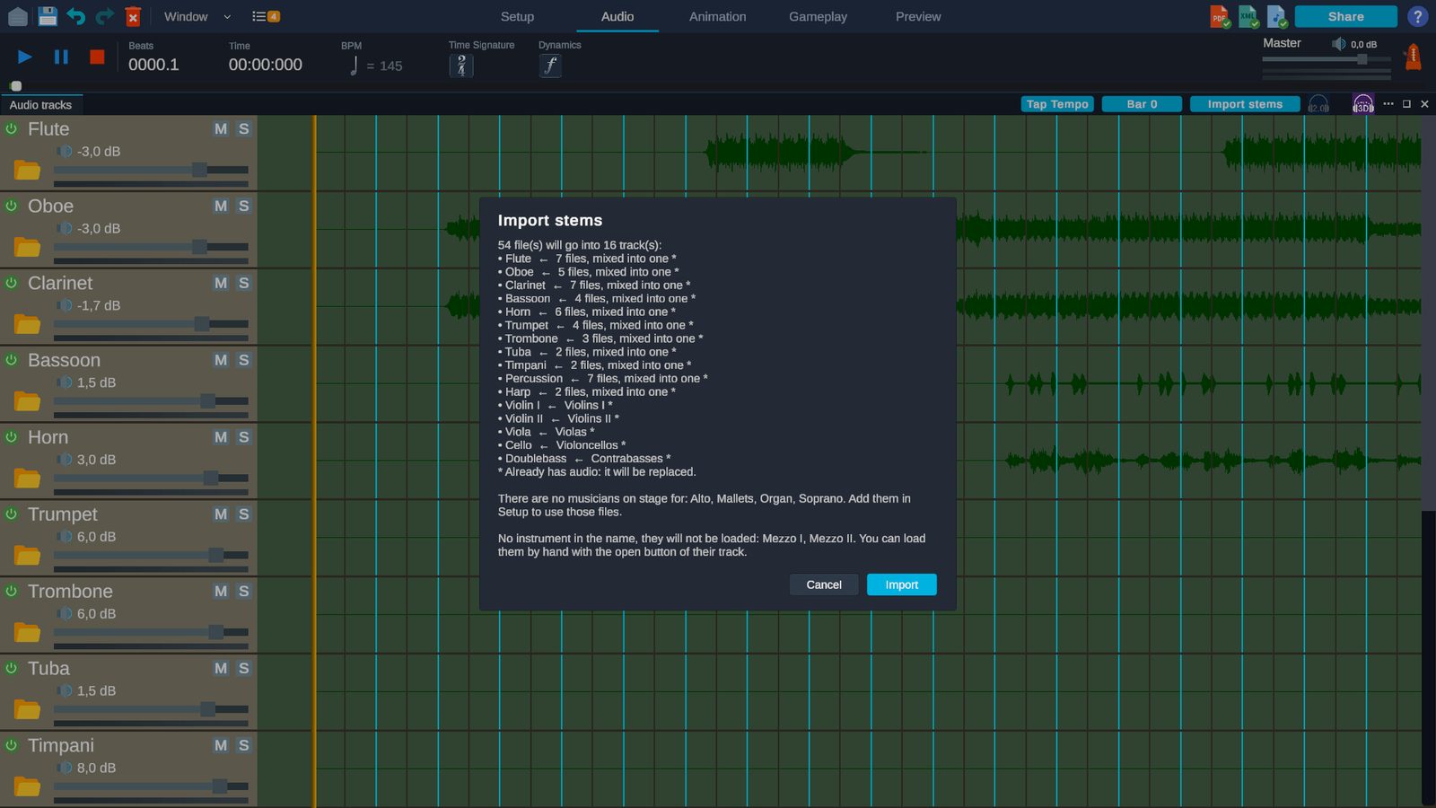Import ścieżek audio wyeksportowanych z MuseScore, jedna ścieżka na sekcję
