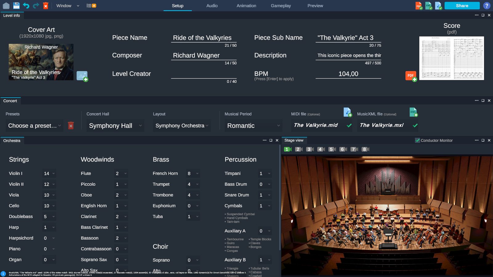 Wybór sali, orkiestry, MIDI, MusicXML i partytury PDF w Maestro Level Editor
